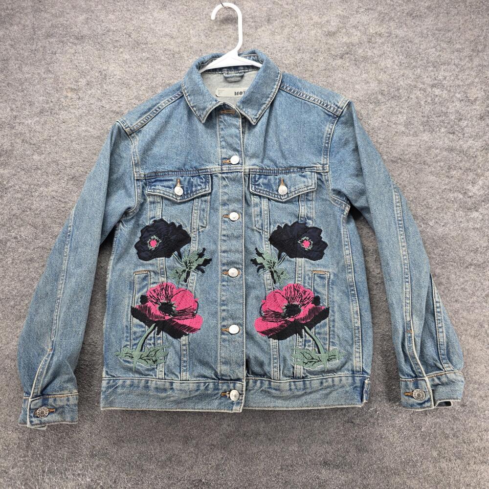 TOPSHOP MOTO Jacket Womens 0 Blue Floral Embroidered Denim Short Button Pockets